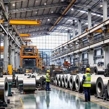 Interior de planta industrial con bobinas de acero y operarios