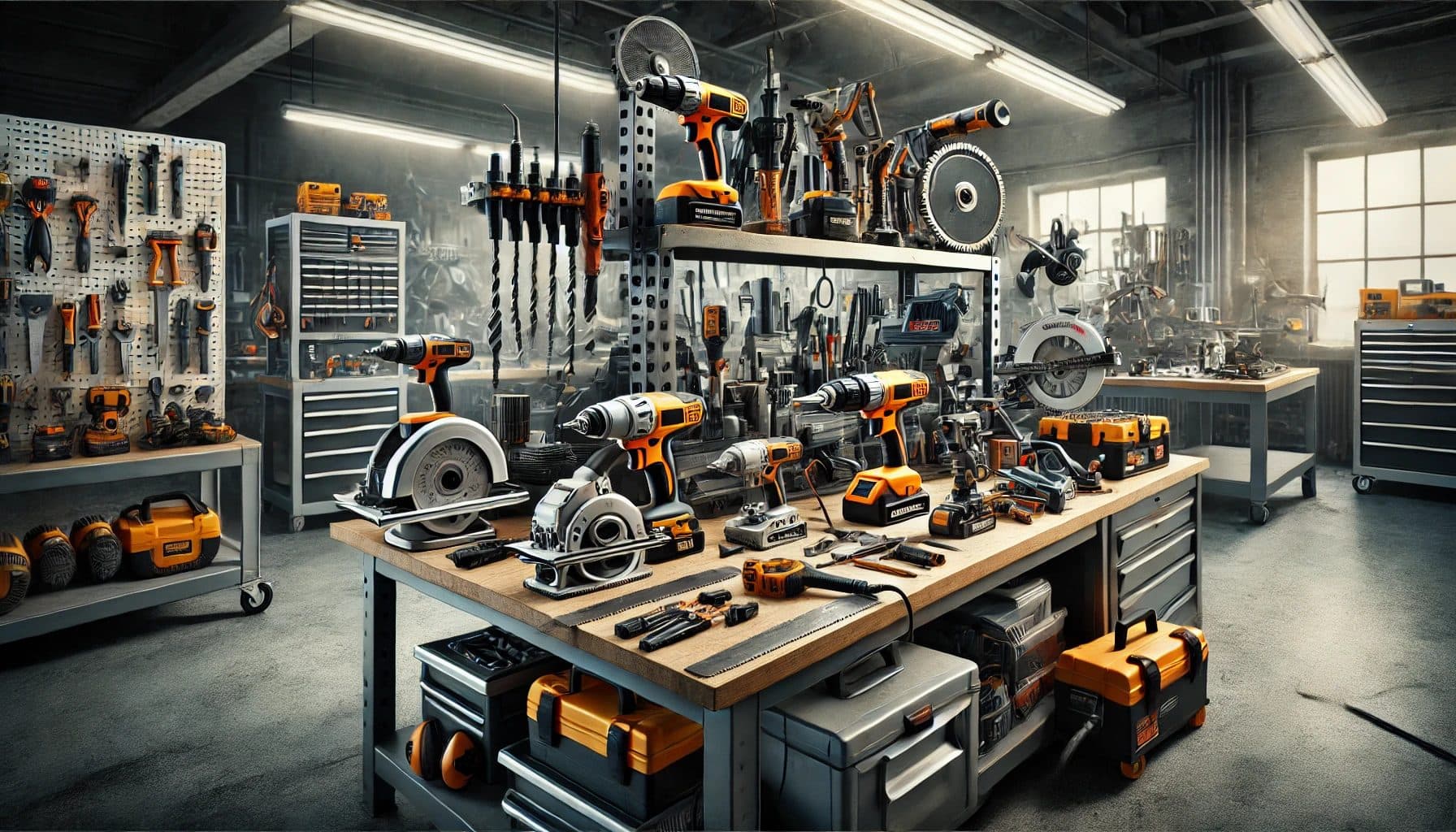 Mesa de trabajo con herramientas y equipos industriales